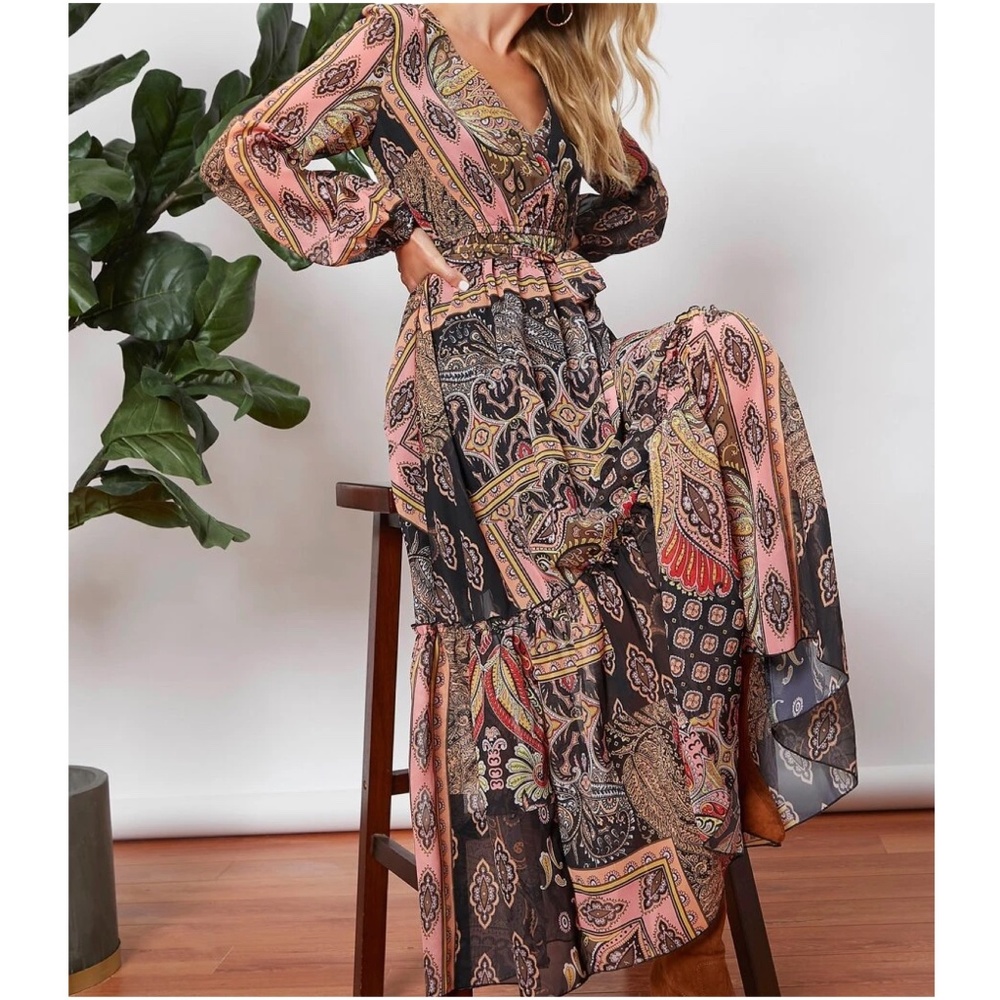 Boho Floral paisley Print Surplice Long Sleeve Maxi Dress - Picture 2 of 5